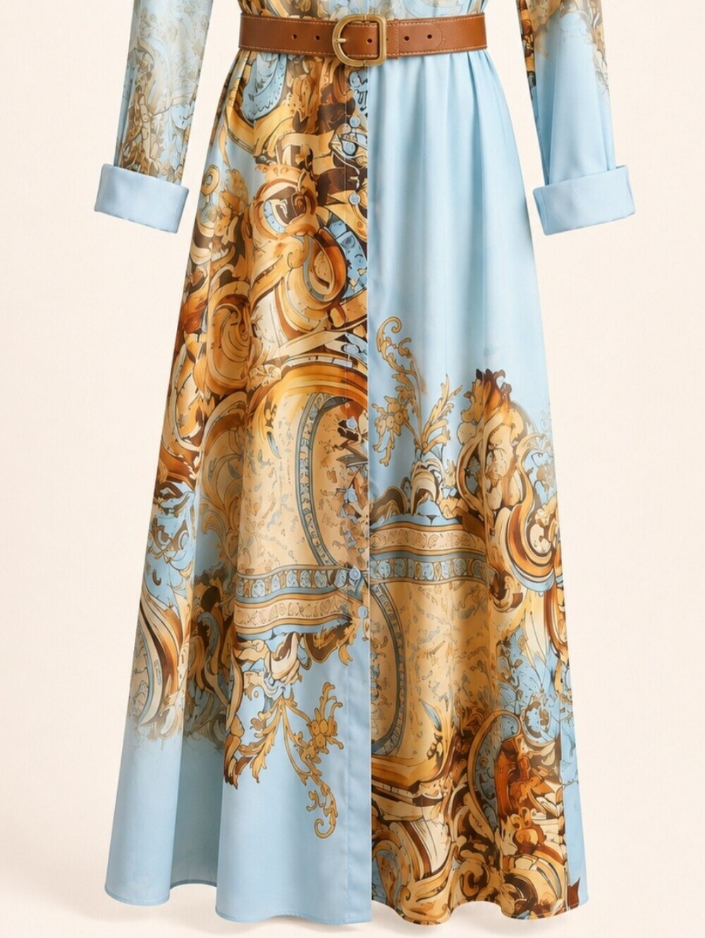 Baroque Ornate Print Button Down Maxi Shirt Dress Blue Gold L/XL - Picture 2 of 5
